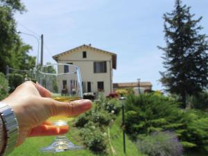 una mano sosteniendo una copa de vino con una casa en el fondo en Nice flat in Arcevia with swimming pool, en Arcevia