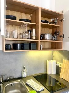 eine Küche mit einem Waschbecken und Regalen mit Töpfen und Pfannen in der Unterkunft Studioapartment M15 im Plagwitzer Szeneviertel in Leipzig