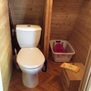 uma casa de banho com WC num pequeno quarto em Maison 5 pers-parkings privés dans jardin clos em Mouflers