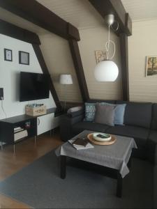 uma sala de estar com um sofá e uma mesa em Ferienhaus am Wald em Ronshausen