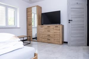 1 dormitorio con TV en un tocador de madera en POKOJE JURAJSKI ZAKAMAREK, 
