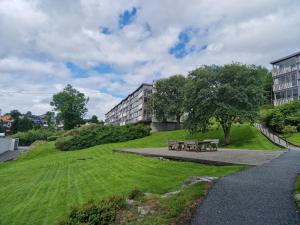 a park with benches and a tree and a building at Toppleilighet i Fana in Bergen