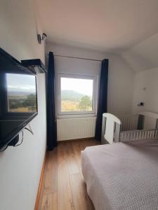 1 dormitorio con 1 cama, TV y ventana en Ispod duge en Dobroselica