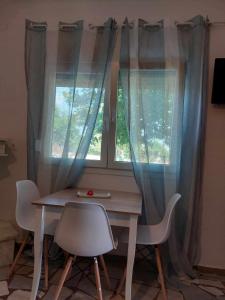 una mesa y dos sillas frente a una ventana en Studio με όλες τις ανέσεις, en Vétrina