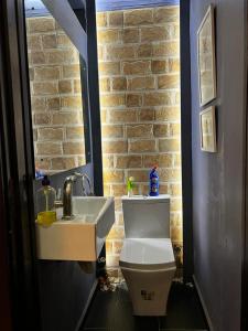 uma casa de banho com um WC branco e um lavatório. em Charming one bedroom apartment 10 mins to the airport em Lagos