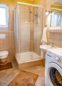 a bathroom with a shower and a washing machine at Apartmán u Vierky in Veľká Lomnica