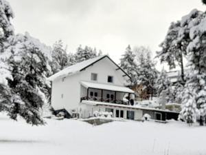 una casa blanca en la nieve con árboles en Ispod duge en Dobroselica