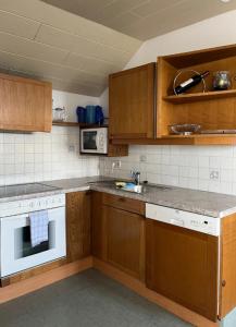 a kitchen with wooden cabinets and white appliances at Ferienwohnung Kirchblick - a77305 in Liebenfels