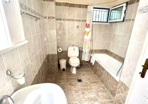 uma casa de banho com um WC, uma banheira e um lavatório. em Villa Evgenia em Yénion