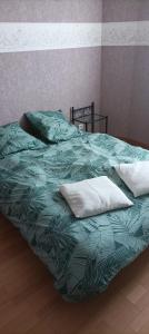 łóżko z zieloną pościelą i poduszkami w obiekcie La villa des DEF'S 