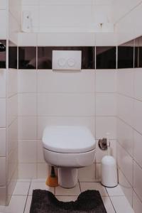 a white bathroom with a toilet and a rug at Z'Argette Apartment - Free Parking @ Zagrebacka C. in Zagreb