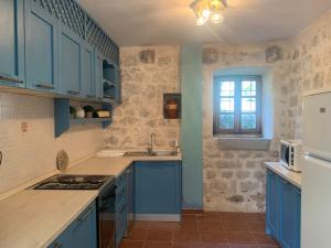 kuchnia z niebieskimi szafkami i białą lodówką w obiekcie Villa FRIENDS w mieście Donji Morinj