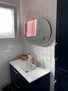 een badkamer met een wastafel en een spiegel bij Maison de village in Montoison