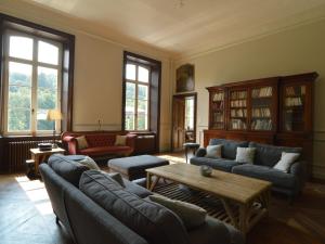 a living room with couches and a coffee table at Luxurious castle in Marchin with infrared sauna in Tharoul