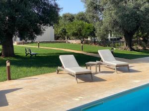 切列梅薩皮卡的住宿－Trullo Rosa del Sud-Benessere SPA，游泳池畔的2把躺椅