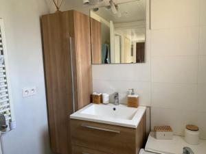 a bathroom with a sink and a mirror and a toilet at Charmante maisonnette proche plage in Cap d'Agde +10 photos