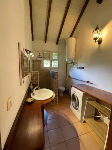 uma casa de banho com um lavatório e uma máquina de lavar roupa em Le relais de la montagne Pelée em Le Morne Rouge