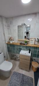 a bathroom with a toilet and a sink and a mirror at Apartamento Don Manuel in Rincón de la Victoria