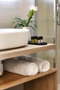 布羅洛的住宿－El Concept Room，一个带毛巾的架子,一个碗,一个植物