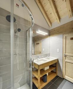 uma casa de banho com um chuveiro e um lavatório. em Chalet la Cochette em La Toussuire