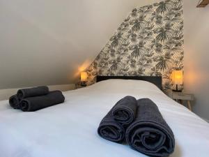 a bedroom with a bed with two towels on it at Sous les tropiques d’Ablis in Ablis