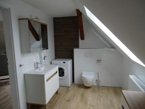 a bathroom with a sink and a washing machine at Mieszkania pracowniczo-turystyczne in Żelazna