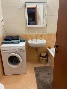 a bathroom with a washing machine and a sink at Sissy20 Apartman in Budapest
