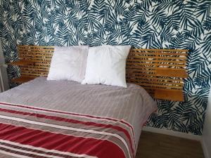 1 cama con 2 almohadas y pared en Maison familiale - ménage, serviettes, draps inclus, en Gaillac