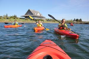 a group of people in kayaks on the water at Ye Olde Argyler Lodge in Pubnico