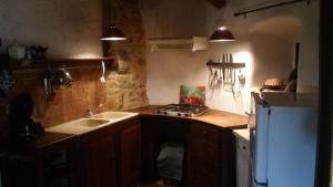 una pequeña cocina con fregadero y nevera. en Gîte Donjon en La Répara