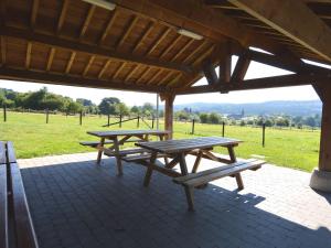 two picnic tables sitting under a pavilion in a field at Beautiful holiday home near Vielsalm with rural view in Vielsalm