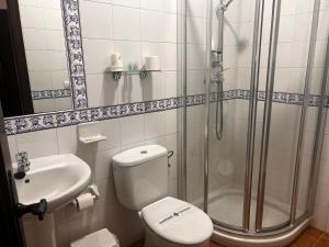 a bathroom with a shower and a toilet and a sink at Alojamiento Rural El Sombrero in El Rocío