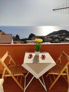 a table with two chairs and a vase with flowers on a balcony at Villa Mariuccia in Nebida