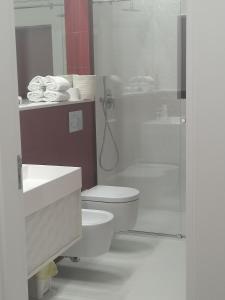 uma casa de banho com um WC e uma cabina de duche em vidro. em B&B Midtown Sorrento Excellence em Sorrento