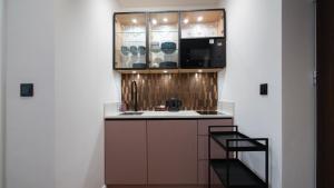 een keuken met een spoelbak en een magnetron bij Barbara Ustroń, Sun & Snow in Ustroń