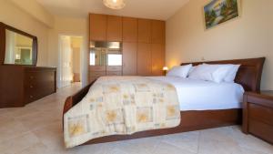 a bedroom with a large bed and a mirror at Villa Afrato in Kefallonia +24 photos
