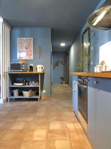 a kitchen with blue walls and a wooden floor at Blue Apricot Apartment con Jacuzzi in Montesilvano