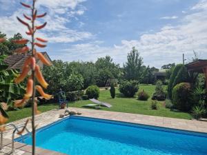 una piscina en un patio con jardines en Andrea Villa Keszthely, en Keszthely