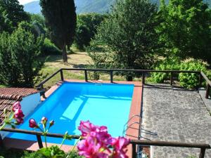a blue swimming pool in a garden with trees at Lovely Holiday Home with private pool in San Marcello Pistoiese