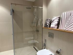 La salle de bains est pourvue d'une douche en verre et de toilettes. dans l'établissement Sea breeze Villa, à Nardaran