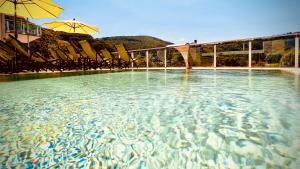 a pool of water with chairs and an umbrella at Mosel Village Resort in Ellenz-Poltersdorf
