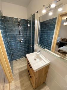 La salle de bains est pourvue d'un lavabo, d'une douche et d'un miroir. dans l'établissement Dom Gościnny Ostoja, à Międzywodzie