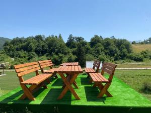 three wooden benches and a picnic table in a field at Tara Place - Camp Rabrenovic in Mojkovac