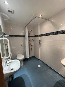 a bathroom with a sink and a toilet and a shower at Weald of Kent Golf Course and Hotel in Headcorn