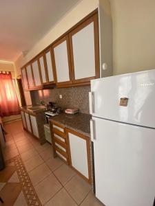 uma cozinha com um frigorífico branco num quarto em Αρέθουσα easy view em Chalkida