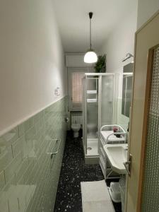uma casa de banho com um chuveiro, um lavatório e um WC. em La Maisonette apartment em Serravalle Scrivia