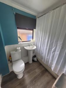 a bathroom with a white toilet and a sink at Lovely City Studio near Station. Off Road Parking. in Norwich
