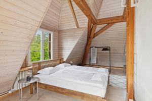 1 dormitorio con 1 cama grande en el ático en Centrally located House with garden, en Zúrich