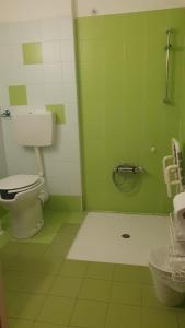 a green bathroom with a toilet and a shower at Hotel Sharing in Turin