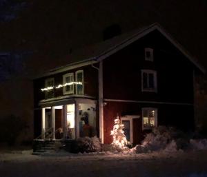 Våmhus的住宿－Blåsbocka, lägenhet i hus 3 rok，夜晚在房子前面的圣诞树